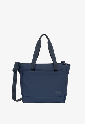 Sac fourre-tout bleu marine en tissu durable, équipé de deux poignées supérieures, d'une bandoulière réglable et d'une fermeture éclair.