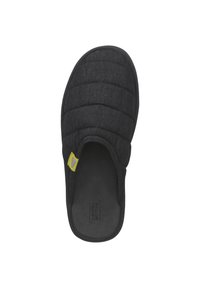 Black slip-on slipper with a quilted design, soft fabric upper, textured insole, and a small yellow logo accent on the side.