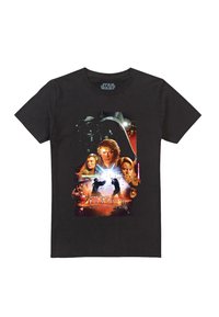 Schwarzes Baumwoll-T-Shirt mit einem bunten Grafikdesign von "Star Wars: Episode III - Die Rache der Sith" mit Charakteren und Lichtschwertern.
