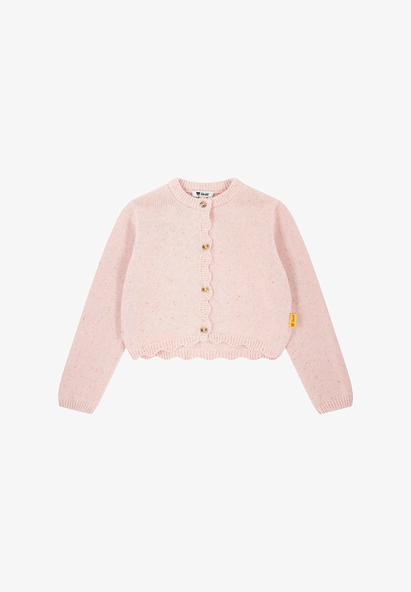 Cárdigan de punto rosa con dobladillo en forma de ondas, escote redondo y botones en tono dorado. Presenta manchas de colores y una pequeña etiqueta de la marca en el costado.