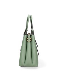 Groene leren handtas met een geperste structuur, dubbele handgrepen, een gestructureerde vorm, goudkleurige hardwareaccenten en centrale plooidetails.