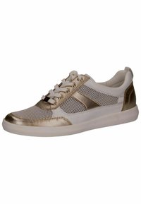 Bílé a metalizovaně zlaté sportovní boty s síťovanými detaily, kulatou špičkou, šněrováním a gumovou podrážkou. Hladký povrch, lehký design.