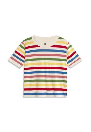 Kurzärmeliges T-Shirt mit Rundhalsausschnitt und horizontalen Streifen in Rot, Blau, Grün, Gelb und Pink auf weißem Hintergrund.
