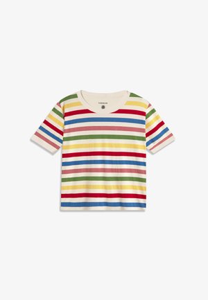 Kurzärmeliges T-Shirt mit Rundhalsausschnitt und horizontalen Streifen in Rot, Blau, Grün, Gelb und Pink auf weißem Hintergrund.