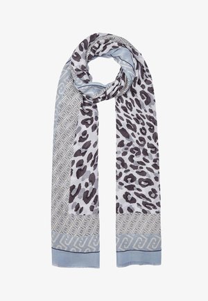 Écharpe bleu clair avec un centre à imprimé léopard noir et gris et des bords à motifs géométriques dans des nuances de bleu et gris, disposée en boucle.