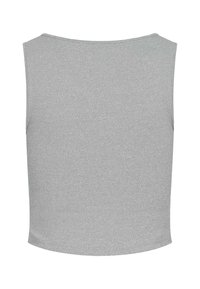 Γκρι ριγωτό αμάνικο crop top με στρογγυλή λαιμόκοψη, εμφανίζεται από πίσω.
