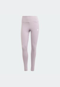 Ljuslila leggings med en slät textur, hög midja och en liten vit Adidas-logotyp på nedre högra sidan.