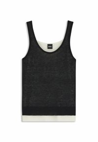 Schwarzes Tanktop aus durchscheinendem Material mit gerippter Textur, ausgestattet mit einem kontrastierenden weißen Saum und einem runden Ausschnitt. Markierung sichtbar auf der Rückseite.
