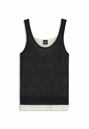 Schwarzes Tanktop aus durchscheinendem Material mit gerippter Textur, ausgestattet mit einem kontrastierenden weißen Saum und einem runden Ausschnitt. Markierung sichtbar auf der Rückseite.