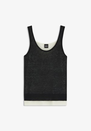 Musta hihaton paita, joka on valmistettu läpinäkyvästä materiaalista ja jossa on ribbitekstuuri. Paidassa on erottuva valkoinen helma ja pyöreä pääntie. Brändimerkintä näkyvissä takana.