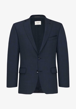 Marineblauer Blazer aus strukturiertem Stoff, einreihiges Design, zwei Knöpfe, Reverskragen und eine Brusttasche. Gefüttertes Innenfutter.