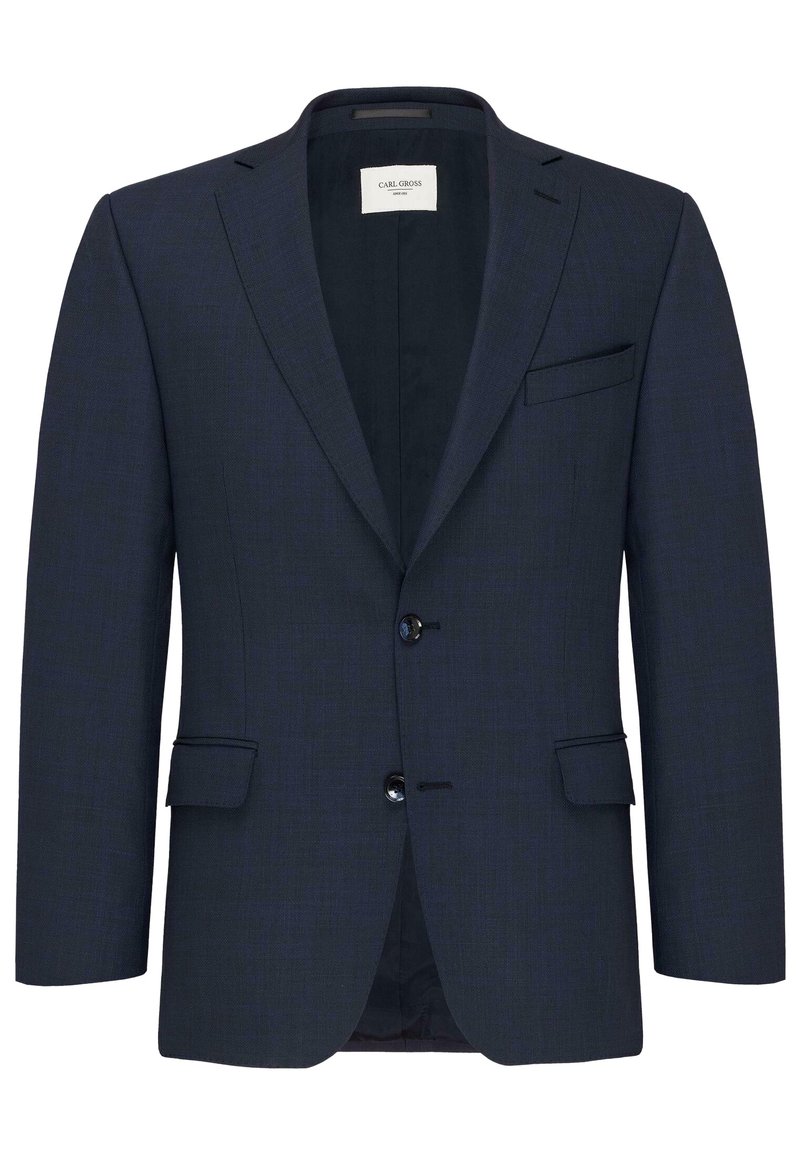 Marineblauwe blazer van textuurstof, enkelvoudig ontwerp, met twee knopen, notch revers en een borstzak. Gevoerd interieur.