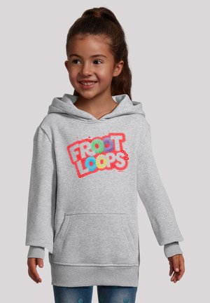 Grauer Hoodie mit grafikvollem "Froot Loops"-Motiv auf der Vorderseite, großer Kängurutasche und gerippten Bündchen.