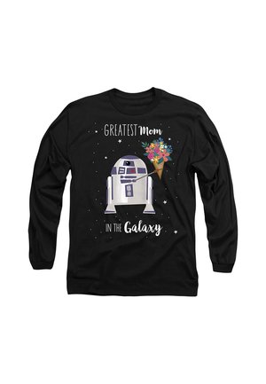 Black long-sleeve shirt with a robot holding a bouquet and text reading "Greatest Mom in the Galaxy" surrounded by small stars.