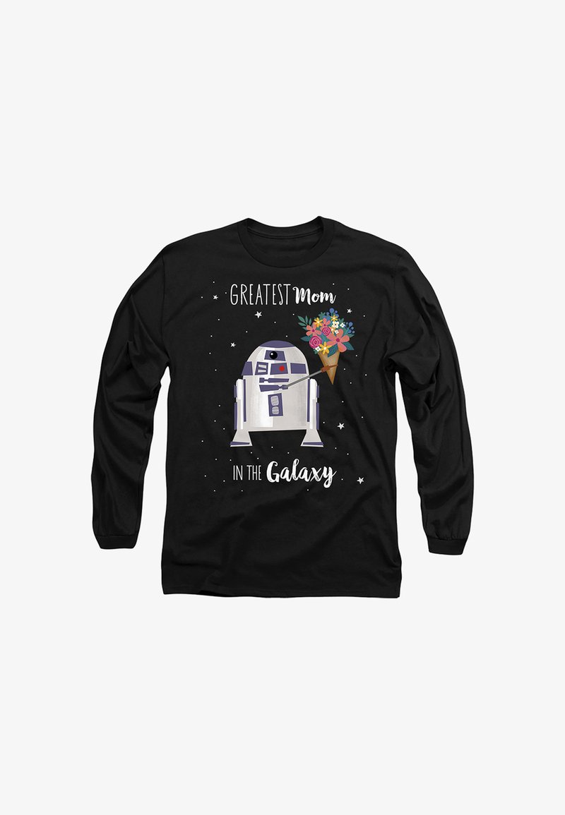 Black long-sleeve shirt with a robot holding a bouquet and text reading "Greatest Mom in the Galaxy" surrounded by small stars.