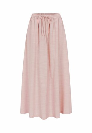 Light pink, ankle-length skirt with an elastic waistband and drawstring, made of soft, textured fabric.