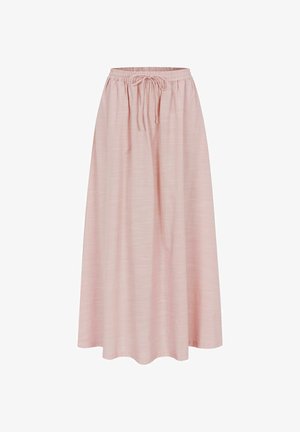 Svijetloružičasta suknja do gležnjeva s elastičnim pojasom i vezicom, izrađena od mekog, teksturiranog materijala.