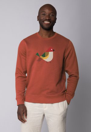 Terracotta sweatshirt met een graphic van een gestileerde vogel in rood, groen en geel, met een klassieke ronde hals en geribbelde manchetten.
