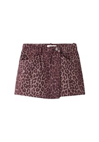 Mini krilo iz denima z leopardjim vzorcem v odtenkih burgundija in bež, z dvema sprednjima žepoma in zapiranjem na srebrn gumb.
