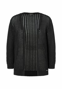 Schwarzer Strickcardigan mit offenem Vorderteil, großen Maschenlöchern und langen Ärmeln. Die Struktur ist atmungsaktiv und bietet eine lockere Passform.