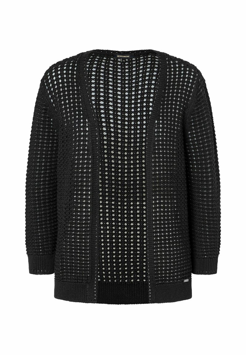 Schwarzer Strickcardigan mit offenem Vorderteil, großen Maschenlöchern und langen Ärmeln. Die Struktur ist atmungsaktiv und bietet eine lockere Passform.