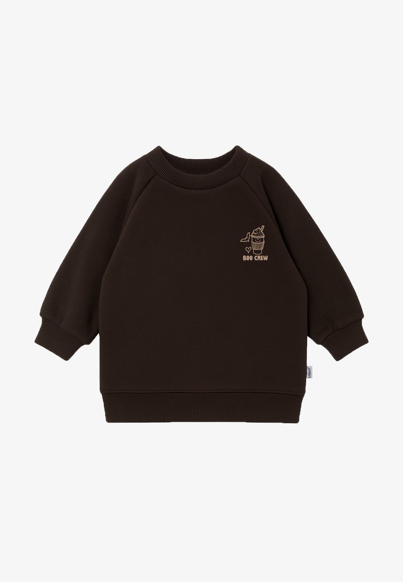 Brauner Sweatshirt mit Rundhalsausschnitt, Raglanärmeln und gerippten Bündchen. Mit einem hellbraunen Grafikdesign eines Desserts und dem Text "BOO CREW".