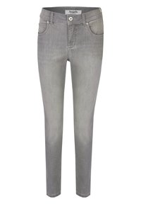 Grijze denim jeans met een slim fit, voorzien van een knoopsluiting, vijf zakken en een subtiele vervaagde textuur in het geheel.