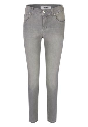 Graue Jeans aus Denim mit schmaler Passform, ausgestattet mit einem Knopfverschluss, fünf Taschen und einem dezenten, ausgeblichenen Muster im gesamten Stoff.