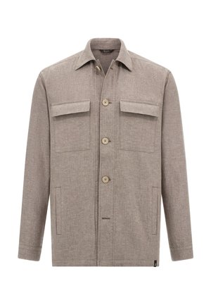 Veste marron en tissu texturé avec deux poches poitrine et deux poches latérales. Fermeture par boutons et col classique.