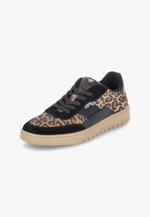 Leopard-print sneaker with black suede and glossy leather accents, a padded collar, and a beige rubber sole. Laced design, flat profile.