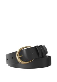 Black leather belt with a gold-tone, textured circular buckle. Features multiple holes for adjustment and a smooth finish.