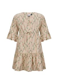 Blumengemustertes Kleid in Creme mit grünen Stielen und pinken Blumen. Mit V-Ausschnitt, Knopfdetails sowie Rüschensäumen und -abschluss.