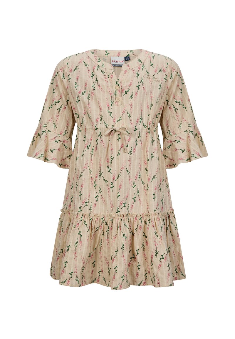 Blumengemustertes Kleid in Creme mit grünen Stielen und pinken Blumen. Mit V-Ausschnitt, Knopfdetails sowie Rüschensäumen und -abschluss.