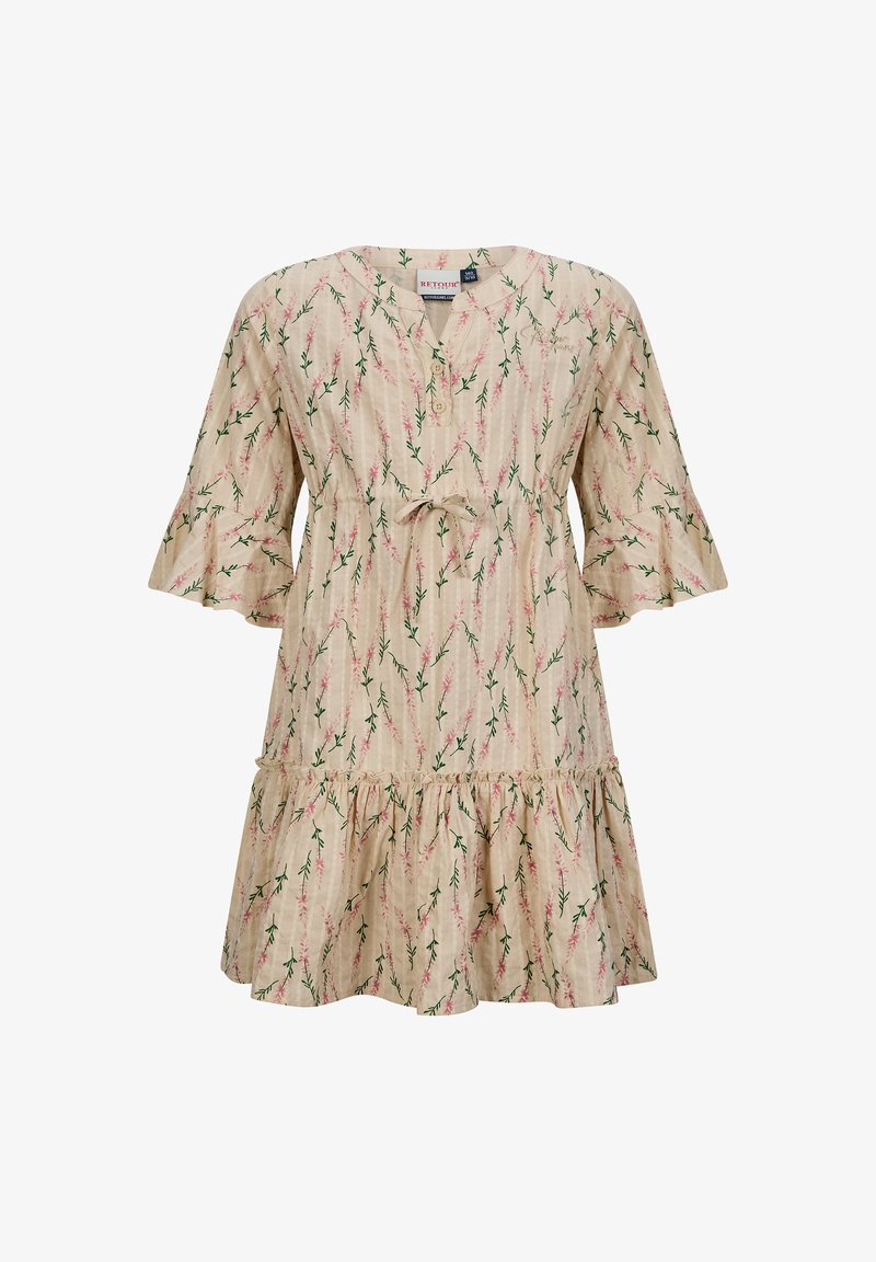 Blumengemustertes Kleid in Creme mit grünen Stielen und pinken Blumen. Mit V-Ausschnitt, Knopfdetails sowie Rüschensäumen und -abschluss.