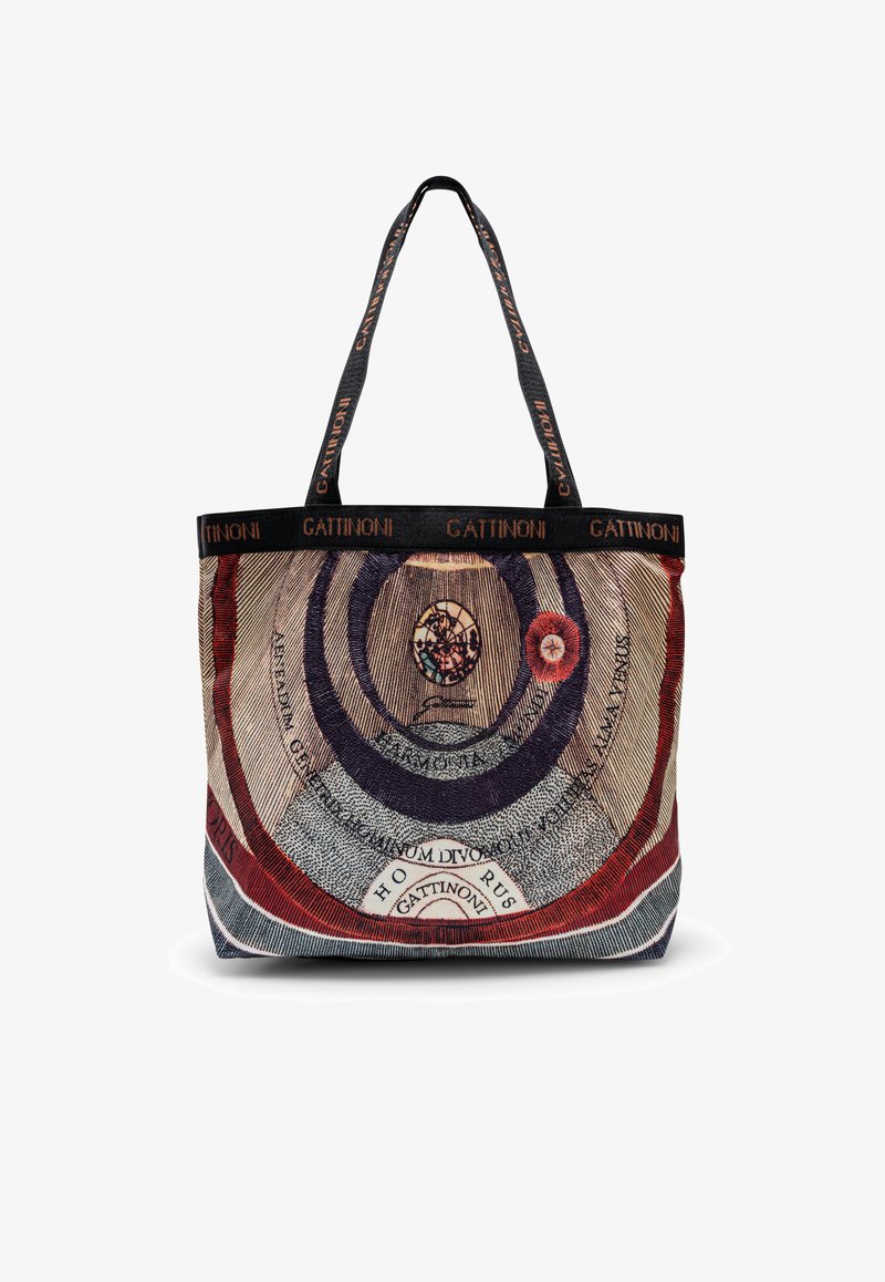 Omkeerbare tote bag met een kleurrijk geometrisch patroon, gemaakt van geweven stof. Heeft dubbele handgrepen en bevat "Gattinoni" branding.