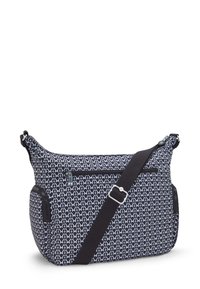 Bolso cruzado de diseño en blanco y negro con correa ajustable, bolsillo delantero con cremallera y compartimentos laterales con cremallera, mostrado sobre un fondo blanco.