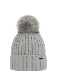 Cappello a maglia grigio con texture a coste, caratterizzato da un grande pon pon di pelliccia sulla sommità e da un piccolo logo nero sul risvolto.