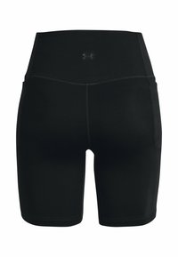 Shorts sportivi neri con vita alta, realizzati in tessuto elasticizzato. Presentano cuciture piatte e un piccolo logo frontale.