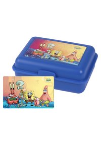 Lunch box in plastica blu con una stampa colorata di personaggi di "SpongeBob SquarePants" su una superficie liscia e lucida del coperchio.