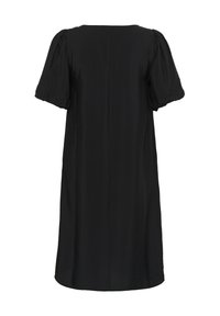 Abito nero a maniche corte con scollatura rotonda, caratterizzato da una silhouette dritta e una texture morbida. Nessun motivo o accentuazione evidente.