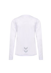 Langærmet skjorte i hvidt stof med rund halsudskæring og et gråt chevronmønster på den nedre ryg. Glat tekstur og tætsiddende design.