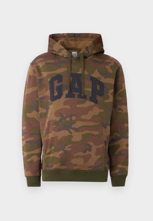 Camouflage-patterned hoodie with front pocket, drawstring hood, ribbed cuffs, hem, and large dark "GAP" logo on the chest.