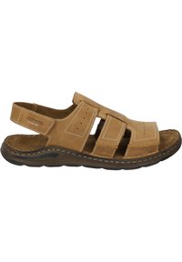 Brown leather sandal with open design, multiple straps, stitching details, sturdy sole, and padded footbed for comfort.