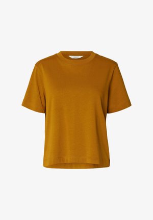 T-shirt a maniche corte giallo senape con scollatura rotonda, realizzata in morbido tessuto di cotone, con un fit rilassato e un orlo dritto.