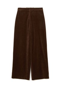 Pantaloni larghi in velluto marrone con una texture liscia, caratterizzati da una vita alta e una silhouette dritta e pulita. Nessun hardware visibile o motivi.