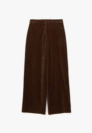 Pantaloni larghi in velluto marrone con una texture liscia, caratterizzati da una vita alta e una silhouette dritta e pulita. Nessun hardware visibile o motivi.