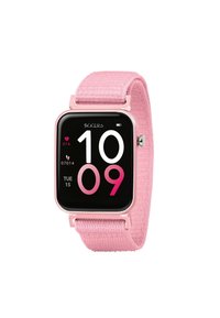 Smartwatch con un display quadrato nero, cinturino in tessuto rosa e accenti in metallo argentato. Mostra l'ora e la frequenza cardiaca in colori contrastanti.