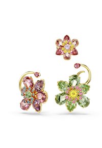 Blomsterøreringe med forskellige farvede ædelsten i pink, grøn og gul, sat i guldtonet metal. Inkluderer et mindre blomstermønster.