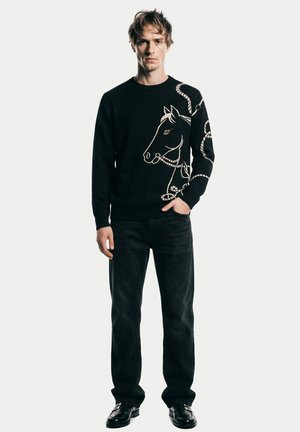 Junger Mann trägt schwarzen Pullover mit stilisiertem Pferdekopf und Seildesign, schwarze Hose und schwarze Schuhe, steht vor einfarbigem Hintergrund.