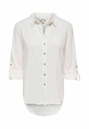 Wit damesblouse met knopen, lange mouwen, een kraag, opgerolde mouwen vastgezet met knoopsluitingen en een afgeronde zoom.